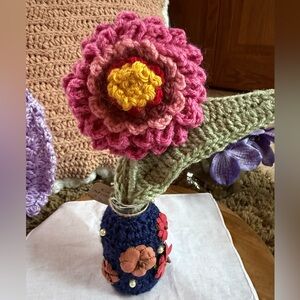 Handcrafted Pink and Yellow Crochet Flower Vase